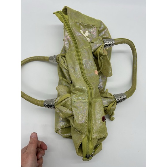 Chi Falchi Metallic Collage Hobo Shoulder Bag Lime Green Flowers Sparkly Leather - Picture 6 of 12